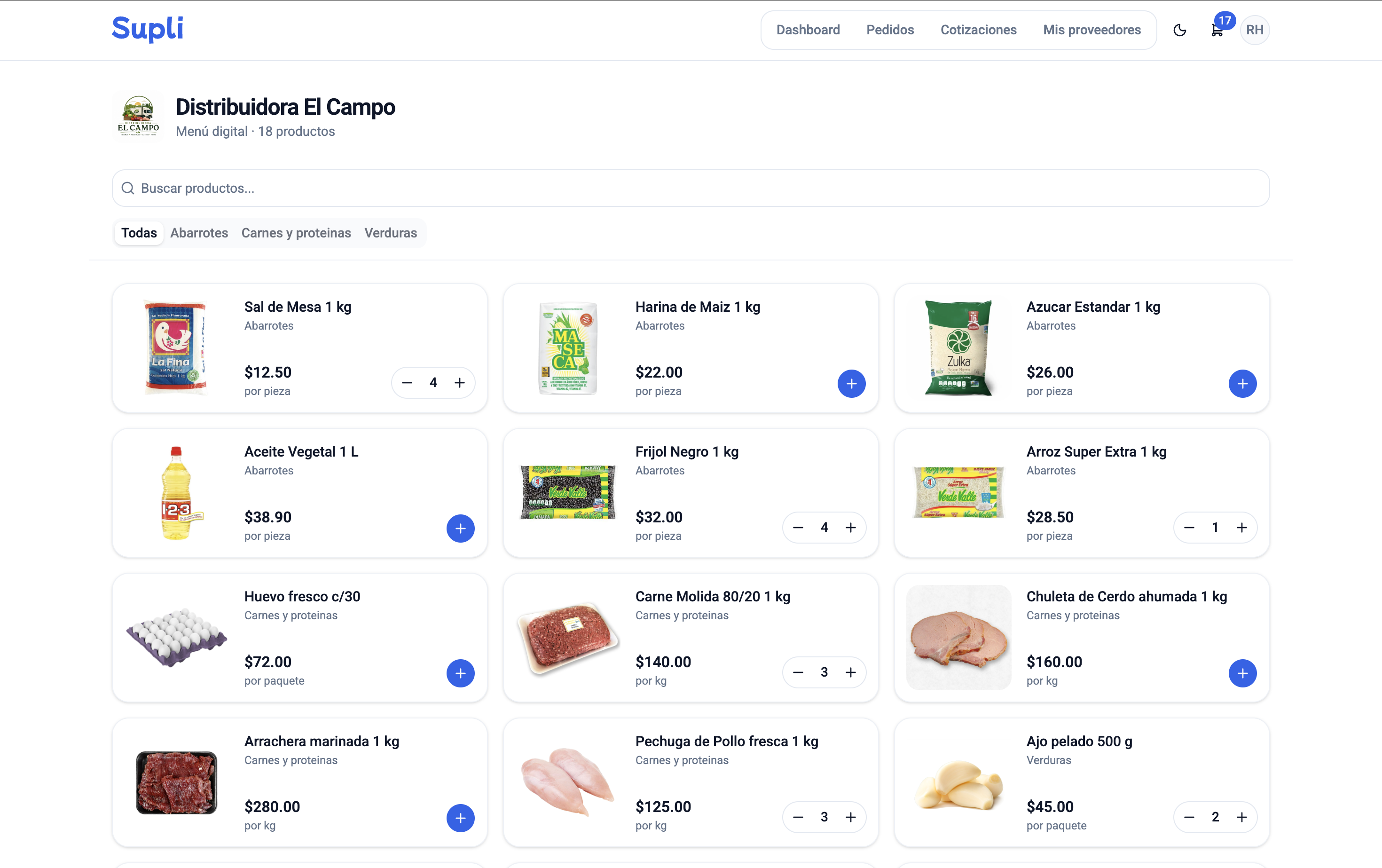 Catálogo público con productos, precios y carrito
